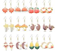 9Pairs Fall Earrings for Women Cute Squirrel Pine Cone Corn Maple Leaf Pumpkin Turkey Earrings Autumn Thanksgiving Earring Autumn Thanksgiving Jewelry Gift, XL, Alloy Steel, No Gemstone