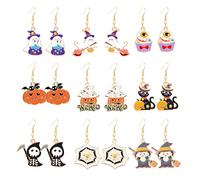 9Pairs Halloween Earrings Set for Women Ghost Bat Pumpkin Spider Web Cow Cat Dangle Drop Earrings Halloween Jewelry Accessories for Holiday Party Cosplay Costume, M, Alloy Steel, No Gemstone