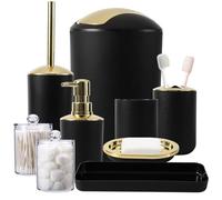 9PC Black & Gold Bathroom Accessories Set - Trash Can, Soap Dispenser, Soap Dish, Toilet Brush, Toothbrush Holder, Tumbler Cup, Tray, Q-Tip Holder