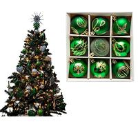 9pc Luxury Premium Baubles, Christmas Tree Bauble Decorations Matte, Glitter, shiny & Frosted (6cm) (Dk Green)