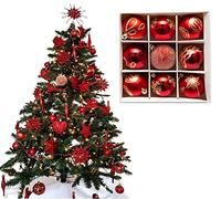 9pc Luxury Premium Baubles, Christmas Tree Bauble Decorations Matte, Glitter, shiny & Frosted (6cm) (Red)
