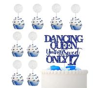 9PCS 17th Birthday Cake Topper, Dancing Queen Cake Topper, Blue Glitter Dancing Queen Young & Sweet Only 17 Cake & Cupcake Decorations, for Girls Boys 17th Dance Birthday Party Decorations