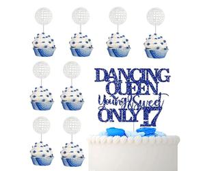 9PCS 17th Birthday Cake Topper, Dancing Queen Cake Topper, Blue Glitter Dancing Queen Young & Sweet Only 17 Cake & Cupcake Decorations, for Girls Boys 17th Dance Birthday Party Decorations