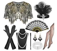 9PCS 1920s Flapper Accessories Set Women,Great Gatsby Accessory with Headband,Sequin Shawl,Lace Fan,Pearl Necklace,Glove,Roaring 20's Costume,Ladies Charleston Fancy Dress Up Set for Party (Style 2)