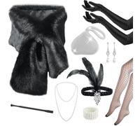 9Pcs 1920s Flapper Great Gatsby Accessories Set, Roaring 20's Theme Set with Faux Fur Wrap Shawl Stole Glitter Clutch Purse Headband Long Gloves Necklace Earrings Handheld Prop for Women Ladies
