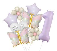 9Pcs 1st Butterfly Daisy Birthday Balloons Kit, 32in First Birthday Decorations Girl, Pink Foil Balloons for Baby, Number & Floral Balloons for 1 Years Old, Girl Birthdays Party Decoration