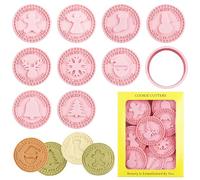 9pcs 3D Pressable Christmas Cookie Stamps, Christmas Cookie Cutter Set, Plastic Cookie Stamps, Round Shape Cookie Stamp, for Holiday Baking, Pastry, Donut, Fondant, Sugarcraft, DIY Christmas Party