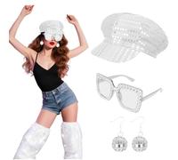 9Pcs 70s Silver Abba Accessories Set, 1970s Abba Fancy Dress Costume Set with Frame Bling Sunglasses Earrings Headband Bracelet Leg Sequined gloves Fancy Dress Women Accessories for Disco Theme