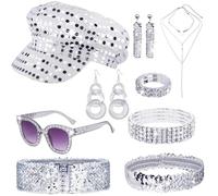 9Pcs 70s Silver Abba Accessories Set, Glitter Disco Fancy Dress Costume with Abba Hat Sequin Headband Sunglasses Earrings Necklace Ring Bracelet Belt for Women Hippie Theme Party Carnival