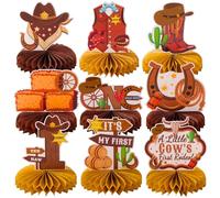 9pcs A Little Cow's First Rodeo Honeycomb Centerpieces Wild West 1st Birthday Party Table Decorations Western Cow Tabletop Centerpieces It's My First Birthday Table Topper Sign Decors for Baby Shower