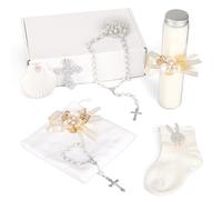 9PCS Baptism Candle Set for Boy Girl Baptism Candle,Baptismal Towel,Socks,Shell,Rosary,Cross Brooch for Baby Dedication Christening Gift,Velas para Bautizo Niño