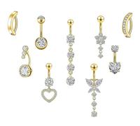 9Pcs Belly Button Bars, Not Rust Bellies Piercing, Silver Gold Belly Bar, Stainless Steel Bellies Bars, Curved Navel Bar With Short And Long Navel Rings, Heart Butterfly And Flower Designs (Gold)