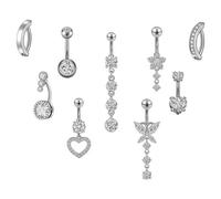 9Pcs Belly Button Bars, Not Rust Bellies Piercing, Silver Gold Belly Bar, Stainless Steel Bellies Bars, Curved Navel Bar With Short And Long Navel Rings, Heart Butterfly And Flower Designs (Silver)