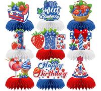 9pcs Berry 1st Birthday Honeycomb Centerpieces Sweet Berry Party Table Decorations Strawberry Blueberry Tabletop Centerpieces for Baby Shower One Birthday Table Topper Sign Decorations