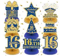 9Pcs Blue 16th Birthday Decorations Navy Blue Gold 16th Honeycomb Centerpieces for Table Decor, Happy 16th Birthday Decorations for Boys Girls Anniversary Party Favors Supplies Event Cheer to 16 Years