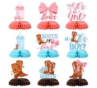 9pcs Boots or Bows Gender Reveal Decor, 9 Style Western Cowboy Cowgirl Table Decorations He or She Honeycomb Centerpieces for Baby Shower Pregnancy Announcement Party