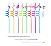 9pcs Cartoon Rainbow Straws with 3pcs Straw Brushes, Curling Straws, Animal Shaped Straws, Reusable Plastic Straws for Kids Birthday Party, Beach Party, BBQ Party