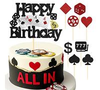 9PCS Casino Happy Birthday Cake Toppers Black Red Glitter Casino Poker Game Chips Cupcake Toppers for Las Vegas Casino Theme Birthday Party Cake Decorations