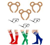 9PCS Chipmunks Costumes Complete Set: Includes 3PCS Black Round Glasses Frame No Lenses, 3PCS Chipmunk Ears Headband & 3PCS Over Knee Socks-Ideal for Cosplay, Stage Performance, Halloween Party