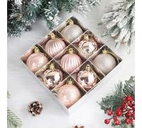 9PCS Christmas Baubles Set Including Red Ornaments with Glittery Pinecone and Solid Glitter Patterns, Lightweight Plastic for Durable Holiday Decoration (Water pink)