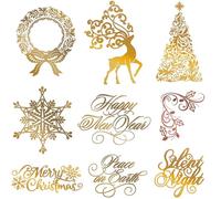 9PCS Christmas Hot Foil Plate,Christmas Elks,Snowflakes,Christmas Tree,Happy New Year,Peace on Earth,Silent Light,Christmas Wreath Leave Metal Foil Plate for Card Making DIY Scrapbooking Xmas