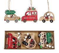 9pcs Christmas Tree Hanging Ornaments, Wooden Ornaments Finished Set, Wooden Hanging Ornaments with Boxes, A Variety of Patterns, Pendant Christmas Holiday Ornaments, Natural Wooden Slices (MZ365 Car)