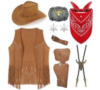 9Pcs Cowboy Fancy Dress Set for Men, Western Cowboy Costume with Tasseled Vest Hat Paisley Bandanna Western Bolo Buckle Belts Holsters Sheriff Badge Wild West Cowboy Outfit Kit for Halloween Cosplay