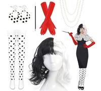 9pcs Deville Costume Accessories Set, Deville Cosplay Wig with Earrings Pearl Necklace Knee High Socks Long Gloves Handheld Props, 70s Women Fancy Dress for Halloween World Book Day Cosplay Party