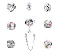 9PCS European Charms Beads Pendant For Bracelet, Charms DIY Bracelets Necklace Jewellery Gift for Birthday Valentine's Day Party Christmas Mother's Day Pink Heart Butterfly Flower rainbow safety chain