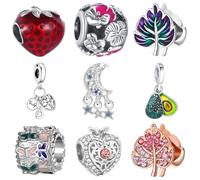 9PCS European Charms Beads Pendant For Pandora Bracelet, Charms DIY Bracelets Necklace Jewellery Gift for Birthday Valentine's Day Party Christmas Mother's Day Heart Strawberry Mango Leaf Butterfly