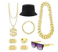 9Pcs Fake Gold Chain, 90's Fancy Dress Fake Rings, Etc for Various Themed Parties Such as Halloween, Featuring Hip-Hop Elements, Suitable for Both Men and Women