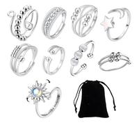 9Pcs Fidget Rings, Fidget Rings for Anxiety Women, Sterling Silver Anxiety Ring for Women, Adjustable Open Spinner Rings, Fidget Jewellery for Mum Girlfriend Daughter - Anxiety Relief Gift