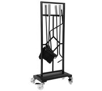 9pcs Fireplace Tool Set, Wrought Iron Fire Place Pit Poker Kit Holder, Large Wood Stove Burner Accessories with Black Heavy Duty Base with Four Wheel for Winter Indoor Outdoor Fireside Companion Stand
