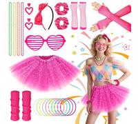 9Pcs Girls 80s Fancy Dress Accessories Set, 1980s Neon Costume Outfit with Pink Tutu Skirt Neon Leg Warmers Fishnet Gloves for Women Ladies Retro Themed Party Festivals Hen Nights Dress Up Day