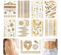 9pcs Glitter Freckles Face Tattoo Festival Accessories Gold Temporary Tattoo with Sun Moon Feather Butterfly Mandala Patterns for Women Flash Temporary Tattoos for Party Rave Festival Party Gifts