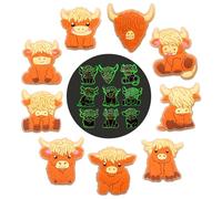 9PCS Glow in the Dark Highland Cow Shoe Charms - Cow Cute PVC Shoe Accessories for Clog Shoes, Kids Gifts, Farm Animal Decorations