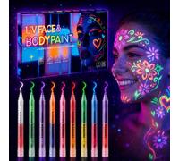 9Pcs Glow UV Neon Glow Face Paint Pens, 18 Colors Neon Face & Body Paint | Glow in the Dark Pens, UV Neon Face Paint, Washable Face Paint for Body Art, Costume Party and Night Event Make-Up