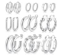9Pcs Gold Silver Hoops Earrings for Women 14K Gold Plated Small Chunky Hoop Earrings Set Multipack Hypoallergenic Lightweight Hollow Thick Open Twisted Huggie Hoops Earring