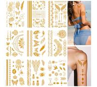 9Pcs Gold Temporary Tattoos Sticker Set with Metallic Shine, Detailed Body Art Designs, Easy Application and Removal, Stylish Party Tattoo Stickers for Festivals, Events, Weddings and Summer Celebrati