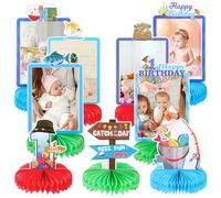 9pcs Gone Fishing Photo Honeycomb Centerpieces Fishing First Birthday Party Table Decorations Catch of the Day Fishing Tabletop Centerpieces for Baby Shower 1st Birthday Table Topper Sign Decors