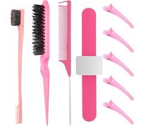 9PCS Hair Styling Set, Barber Comb, Slicking Hair Brush, Double-Sided Edge Brush, Detangling Hair Brush & Rat-Tail Comb, Hair Clip, Magnetic Slap Bracelet, For Women, Beauty Salon (Pink)