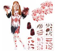 9Pcs Halloween Dead Cheerleader Costume Set for Kids, Zombie Fancy Dress with Cheerleader Uniform Pom Poms Fake Blood Scary Temporary Stickers Hairband Stockings for Girls Carnival Cosplay Party