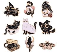 9pcs Halloween Pins, Punk style Skull Witch Hat Snake Butterfly Crow Black Cat Zinc Alloy Pins Brooches Halloween Funny Lapel Pins for Women Men Backpack Jacket Clothes
