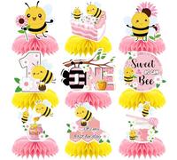 9pcs Happy 1st Bee Day Honeycomb Centerpieces Bumble Bee First Birthday Party Table Decorations Pink It's My 1st Bee Day Table Centerpiece for Girl Baby Shower Sweet as can Bee Table Topper Sign Decor