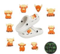 9PCS Highland Cow Shoe Charms, Luminous Animal Shoe Decoration Charms for Girls Boys Adults, Waterproof PVC Shoe Decorations for Clogs, Wristbands, Sandals & Shoes