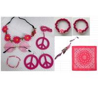 9Pcs Hippie Accessories Set,60s 70s Women Retro Hippy Fancy Dress Costume Accessory with Bandana Peace Sign Necklace Glasses Flower Headband Earrings Bracelet Hair Feathers for Carnival Cosplay Party