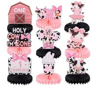 9pcs Holy Cow I'm One Honeycomb Centerpieces Farm First Birthday Party Table Decoration Barn Cow Tabletop Centerpieces for Girl Baby Shower One Birthday Pink Cow Bow Knot Table Topper Sign Decors