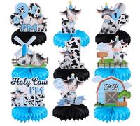 9pcs Holy Cow I'm One Honeycomb Centerpieces Farm First Birthday Party Table Decoration Barn Cow Tabletop Centerpieces for Boy Baby Shower One Birthday Blue Cow Bow Knot Table Topper Sign Decors