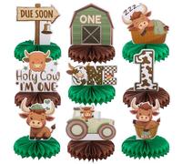 9pcs Holy Cow I'm One Honeycomb Centerpieces Farm First Birthday Party Table Decoration Barn Cow Tabletop Centerpieces for Baby Shower One Birthday Green Cow Bow Knot Table Topper Sign Decors