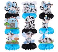 9pcs Holy Cow I'm Two Honeycomb Centerpieces Farm Second Birthday Party Table Decoration Barn Cow Tabletop Centerpieces for Boy 2 Years Old Birthday Blue Cow Bow Knot Table Topper Sign Decors